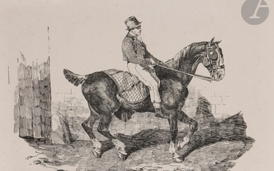 Théodore Géricault (1791-1824) Cheval de carrosse monté par un palefrenier. 1820. Lithographie à la plume...