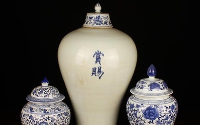 Three 20th Century Chinese Style Blue & White Jars: A large Meiping vase with added lid, 19'' (49 cm