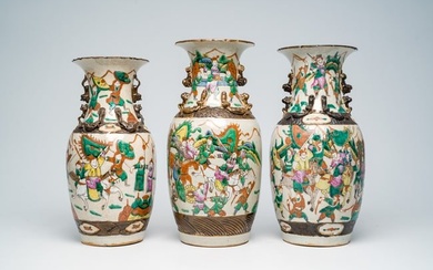 Three Chinese Nanking crackle glazed famille rose 'warrior' vases, 19th/20th C.