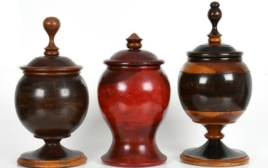 Three Large Exotic Hardwood Covered Jars