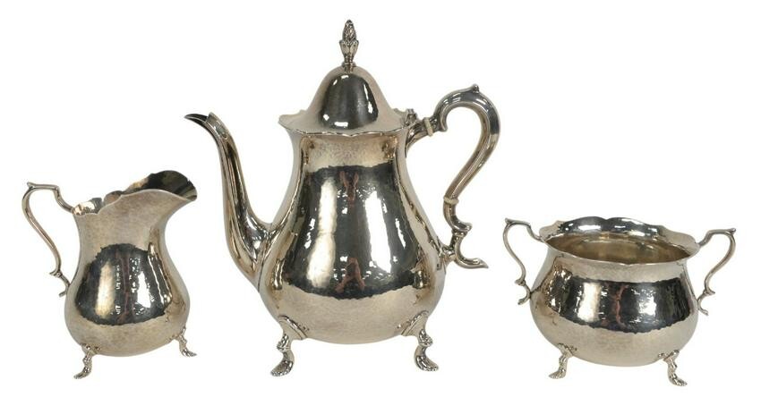 Three-Piece Sterling Silver Tea Set, hand hammered