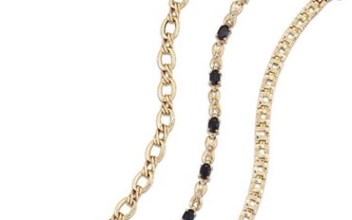 Three bracelets, comprising: a sapphire and diamond-set figure of eight link bracelet, length 18cm; a 9ct gold fancy link bracelet with garnet-set padlock clasp, 17cm; and a textured square openwork panel link bracelet, length 18cm (3)