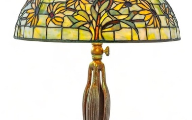 Tiffany Style Leaded Glass Table Lamp Ca. 1910, "Black Eyed Susan", H 25" Dia. 16"
