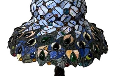 Tiffany Style Parlor Lamp w/ Leaded and Jeweled Shade - 25"T - 16.5" Shade