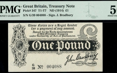 Treasury Series, John Bradbury, first issue £1, ND (7 August 1914), serial number G/39 004088,...