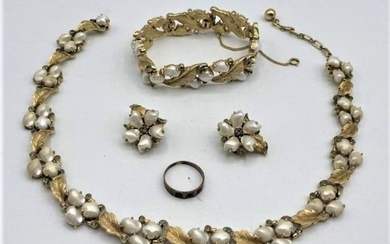 Trifari Set: Necklace, Bracelet, Earrings, Faux Pearls