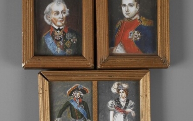 Trois miniaturesFin 19e siècle, non signées, gouache sur plaque, deux portraits de souverains de petit...