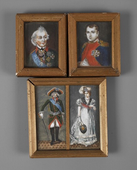 Trois miniaturesFin 19e siècle, non signées, gouache sur plaque, deux portraits de souverains de petit...