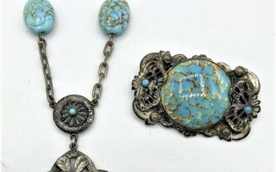 Turquoise and Silver Necklace with Brooch Set