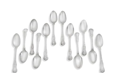 Twelve silver 'Kings' pattern dinner spoons, various makers and dates, London and Sheffield, 1841-1904