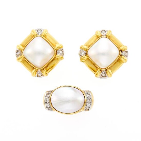 Two-Color Gold, Mabé Pearl and Diamond Ring and Pair of Earclips