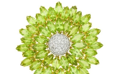 Two-Color Gold, Peridot and Diamond Flower Clip-Brooch