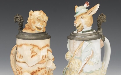 Two German Porcelain and Pewter Figural Steins, Herr Monkey Philosopher and Herr Rabbit the Hunter