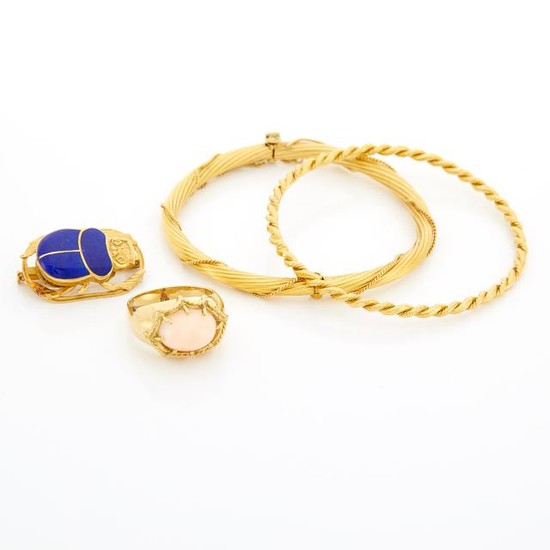 Two Gold Bangle Bracelets, Coral Ring and Lapis Scarab Pin