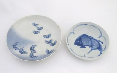 Two Japanese blue and white hand painted plates, one