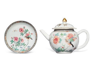 Two famille-rose 'bird and flower' teapot and saucer, Qing dynasty, Yongzheng period | 清雍正 粉彩花鳥紋瓷器一組兩件