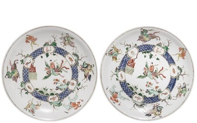 Two large Chinese famille verte dishes decorated with figures, probably Kangxi period (18th century)