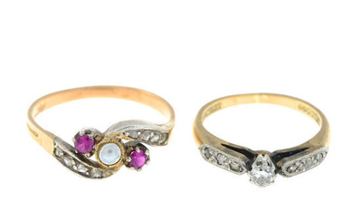 Two mid 20th century gold diamond and gem-set rings
