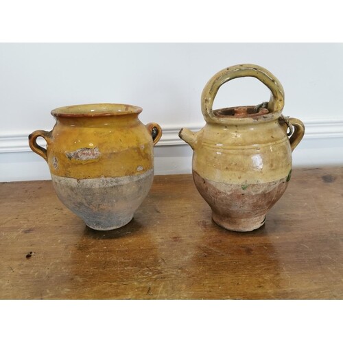 Two rare 19th C. glazed terracotta Confit pots {18 cm H x 18...