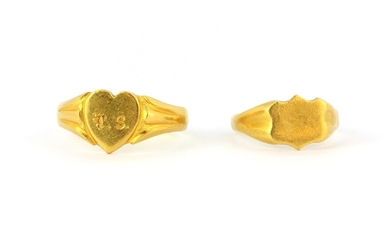 Two yellow metal (tested high carat gold) signet rings.