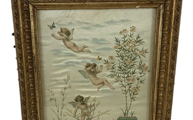 UNATTRIBUTED; 19th century watercolour on silk, cherubs amongst foliage, 29...