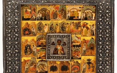 VERY RARE RUSSIAN ICON SHWOING ST. NICHOLAS AND THE GUARDIAN ANGEL WITH SCENES OF THEIR VITA
