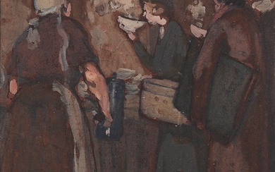 VICTOR MAREC (1862-1920). La soupe populaire, 1918. Huile sur carton, signée et datée en bas...