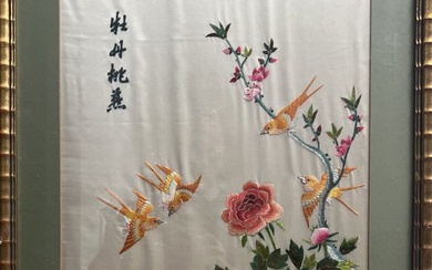 VINTAGE LARGE CHINESE SILK WALL ART HAND MADE EMBROIDERED FRAMED AND MATTED