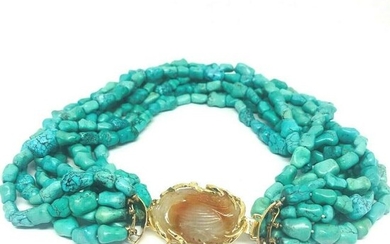 VINTAGE Turquoise Carved Jade Yellow Gold Bead Necklace