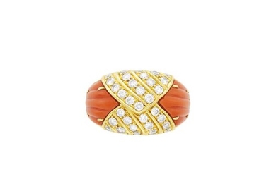 Van Cleef & Arpels Gold, Diamond and Fluted Coral Ring