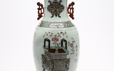 Vase porcelain china late 19th century decor in famille rose colors of antiques and poem texts.