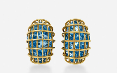 Verdura, Gold and blue topaz cage earrings