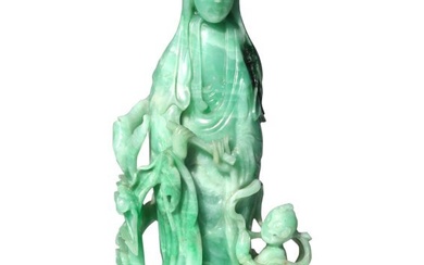 Very Fine Carved Jadeite Group of Guanyin and Shanzai