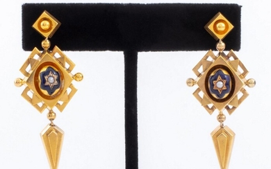Victorian 14K Yellow Gold Pearl Enamel Earrings