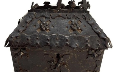 Victorian Gothic Revival Patinated Iron-mounted Oak Casket, 19th Century