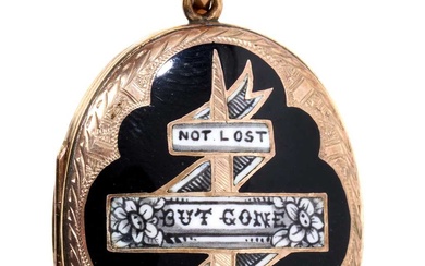 Victorian mourning locket with black and white enamel front 'Not Lost But Gone Before' with engraved gold back and front, 45mm.
