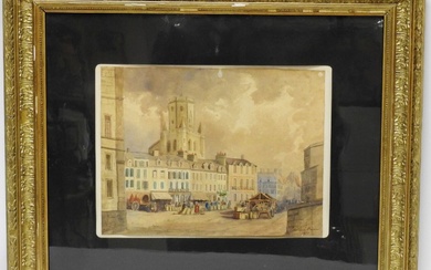Victorine BRUNET - XIXeme Le marché. Aquarelle. Signée et datée 1860 en bas à droite....
