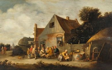 Village street with merry company by a tavern