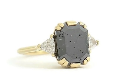 Vintage 1970's Black Emerald Cut Diamond Trillion Ring 14K Yellow Gold, 2.72 Gr