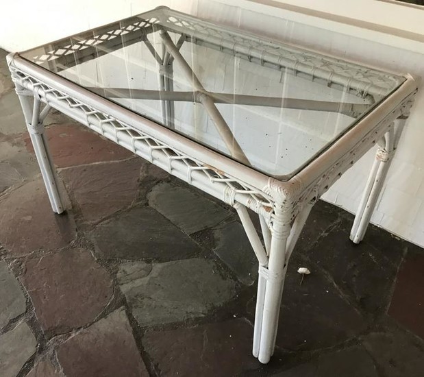 Vintage American Wicker Dining Table w Glass Top