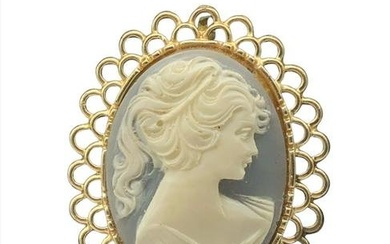 Vintage Gold Toned White & Blue Cameo Brooch Depicting A Silhouette Of A Victorian Beauty