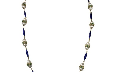 Vintage Green & Blue Enamel Pearl Necklace 18 Karat Yellow Gold