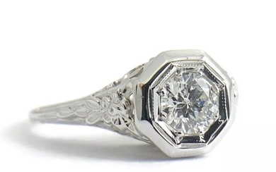 Vintage Round Diamond Filigree Engagement Ring 18K White Gold, .36 CT, 2.86 Gram
