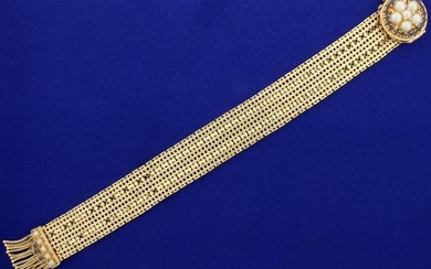 Vintage Victorian Style Adjustable Mesh Design Bracelet with Pearls and Sapphires in 14K Yellow Gold