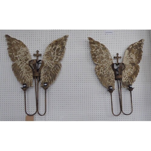WALL SCONCES, a pair, winged design, two branch, 80cm x 62cm...