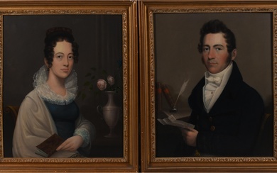 WILLIAM P. SHEYS, AMERICAN, NEW YORK 1788-1850, PAIR OF HALF LENGTH PORTRAITS, 1821, Oil on panel, 28 x 23 in. (71.1 x 58.4 cm.), Frame: 33 1/4 x 28 1/2 in. (84.5 x 72.4 cm.)