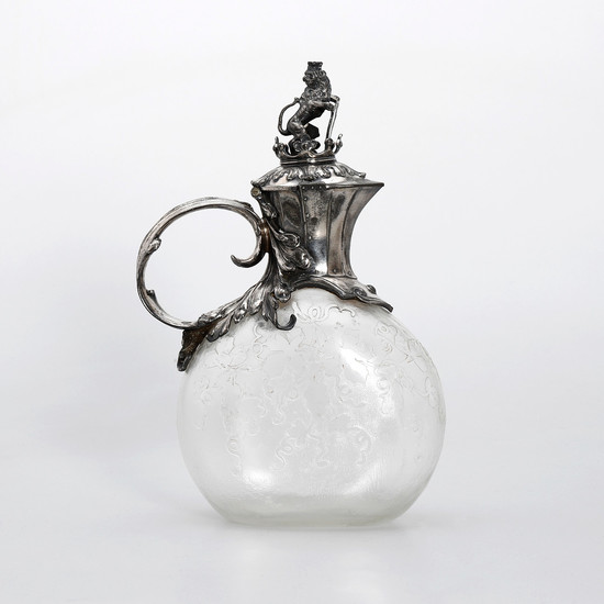 WMF silver-plated metal jug with glass tank etched in French acid, circa 1900.