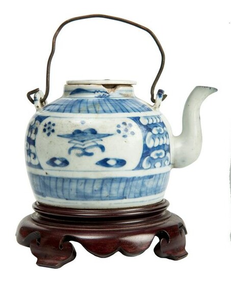 White and blue Chinese teapot, with lid.
