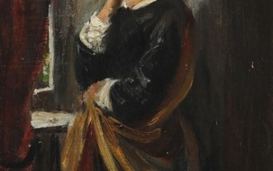 Wilhelm Marstrand: Portrait of Johanne Luise Heiberg standing, study for the painting at Frederiksborg Castle. Unsigned. Oil on canvas. 38×22 cm.