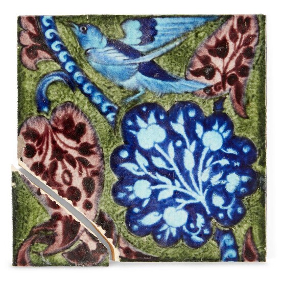 William de Morgan (1839-1917), 'Persian' foliage and bird tile, 1888-1897, Glazed earthenware, Impressed Sands End Pottery mark verso, 20.5cm x 20.5cm